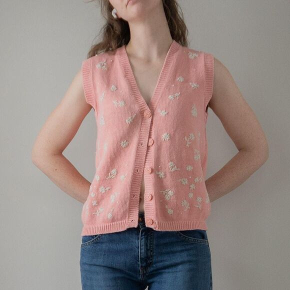 Vintage 90s Pink Cottage Coquette Floral Embroidered Knit Women's Sweater Vest - Picture 4 of 8